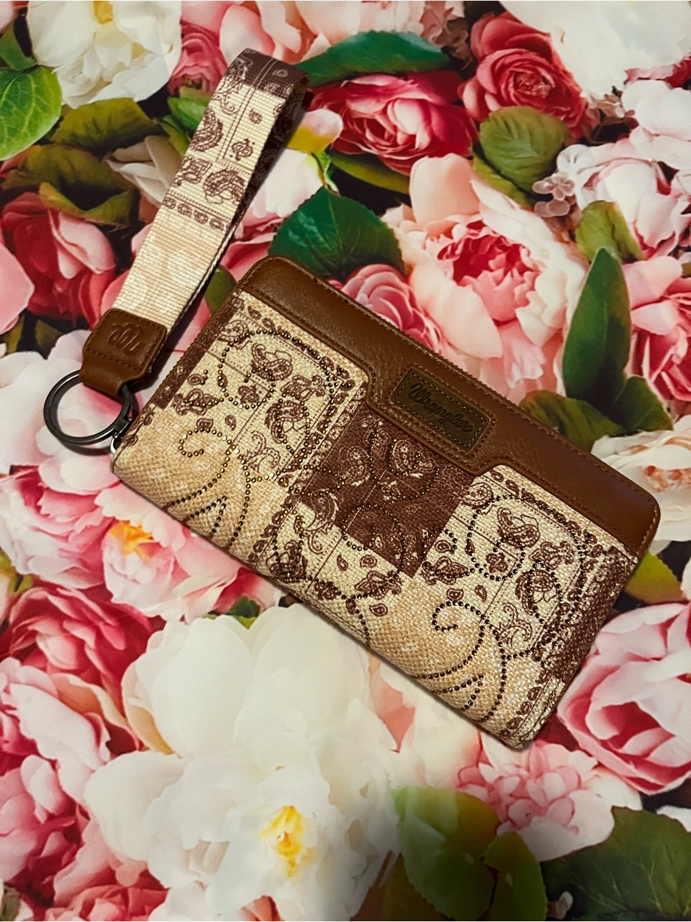 Wrangler Brown Embossed Paisley Wristlet Clutch